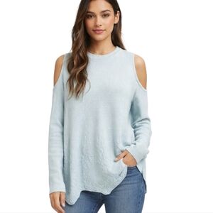 JOA Cold Shoulder Sweater Womens Large Pale Blue Green Leaf Knit Asymmetric Hem